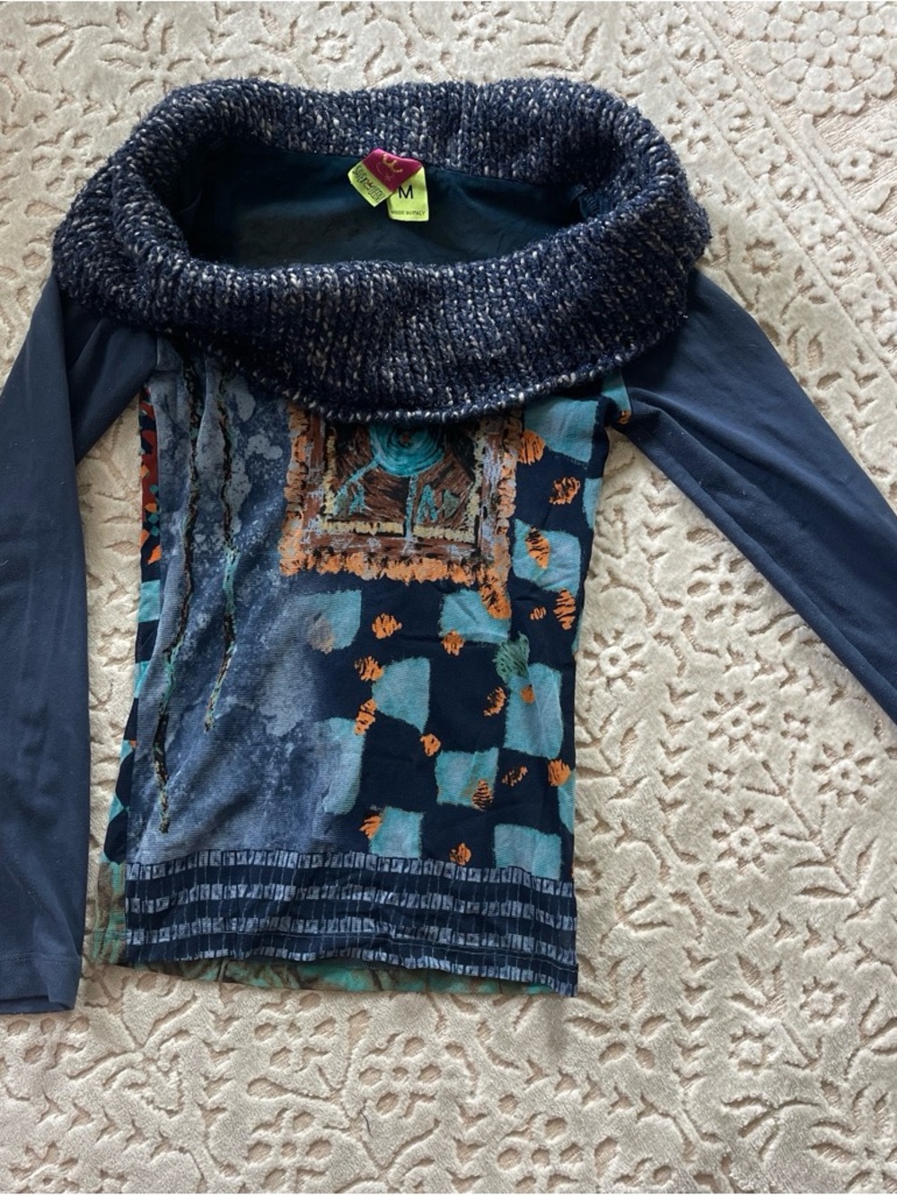 “Save the Queen” vintage Multi-Print Cowl Neck Sweater made in Italy